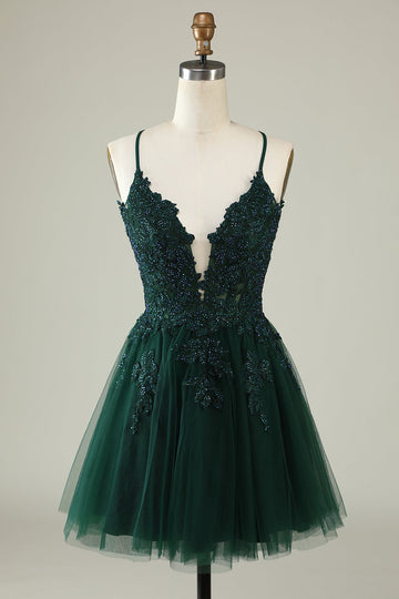 A Línea Correas de Espagueti Verde Oscuro Vestido de Cóctel